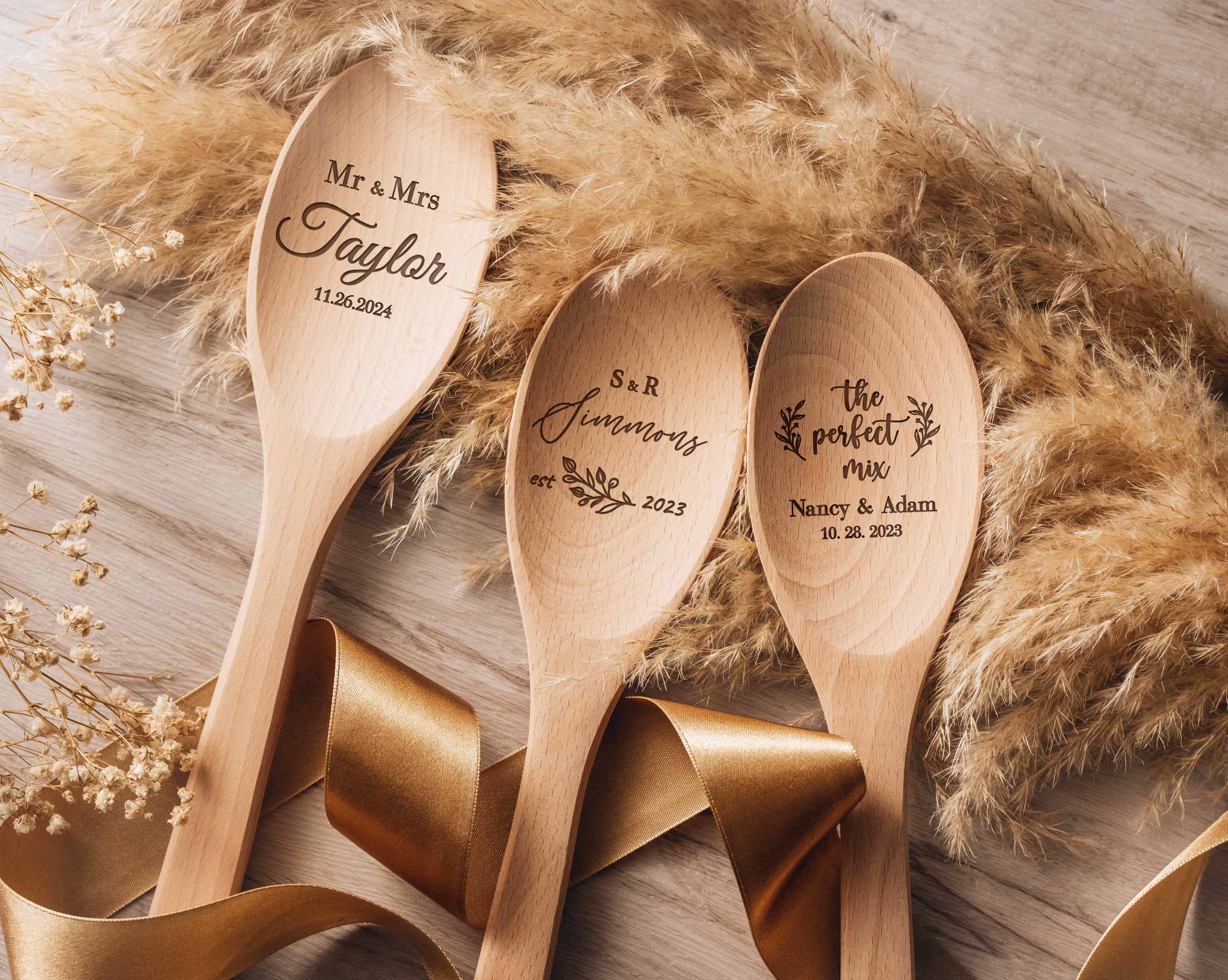 Personalized Engraved Wood Spoon with custom name and date, perfect for housewarming gift.