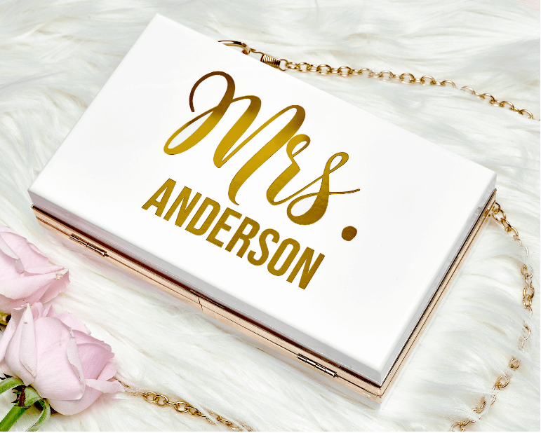 White Personalized Bridal Acrylic Clutch with name - Hundred Hearts
