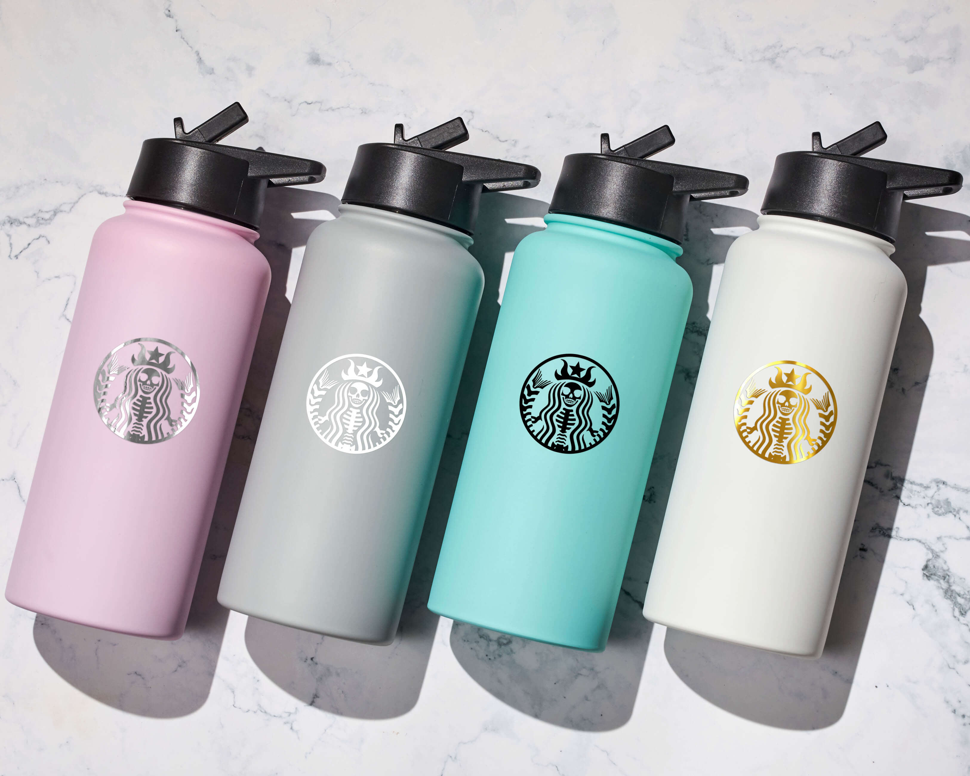 The Custom Water Bottle features stylish skeleton icon vinyl decal with 6 color options.