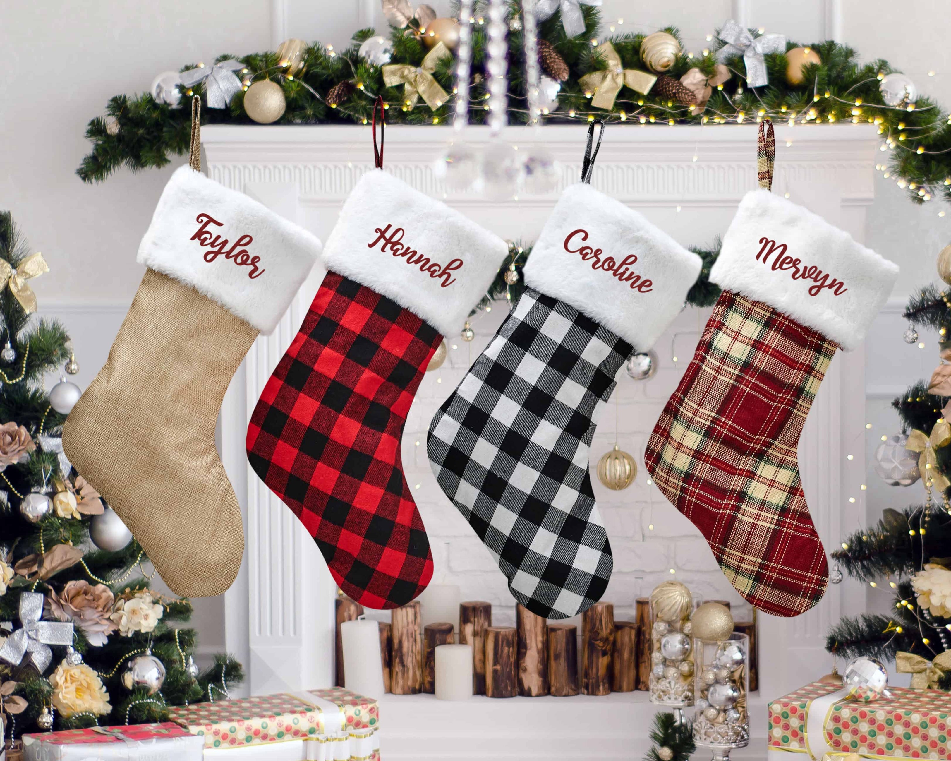 4 different types of personalized buffalo plaid stockings with initials - Hundred Hearts