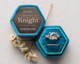 Custom Dark Cyan Hexagon Velvet Ring Box with metal engraving - Double Slot - Hundred Hearts