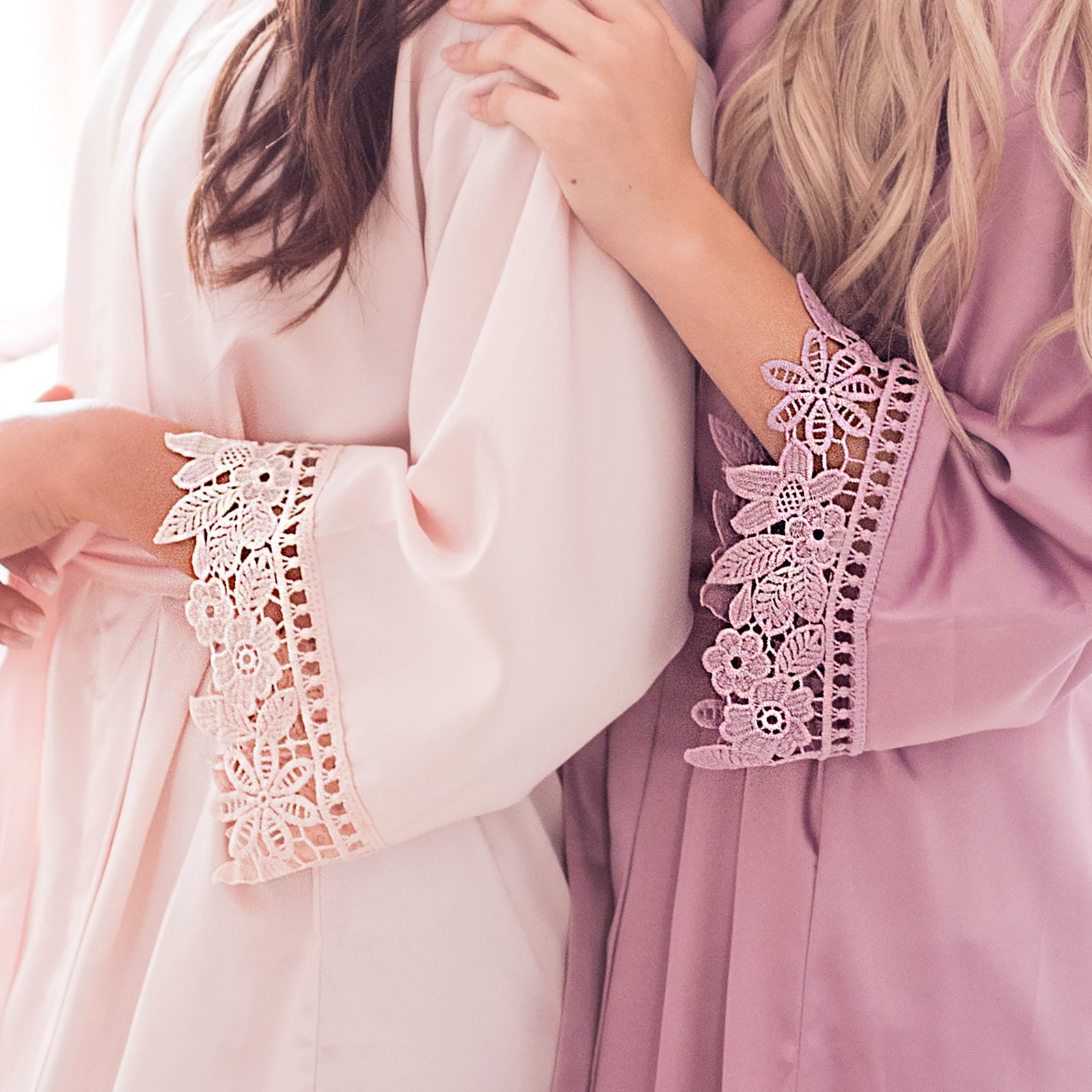 Satin Bridesmaid Robes - Blush and Mauve Satin Bridesmaid Robes with Chunky Lace Trim on the sleeves - Hundred Hearts