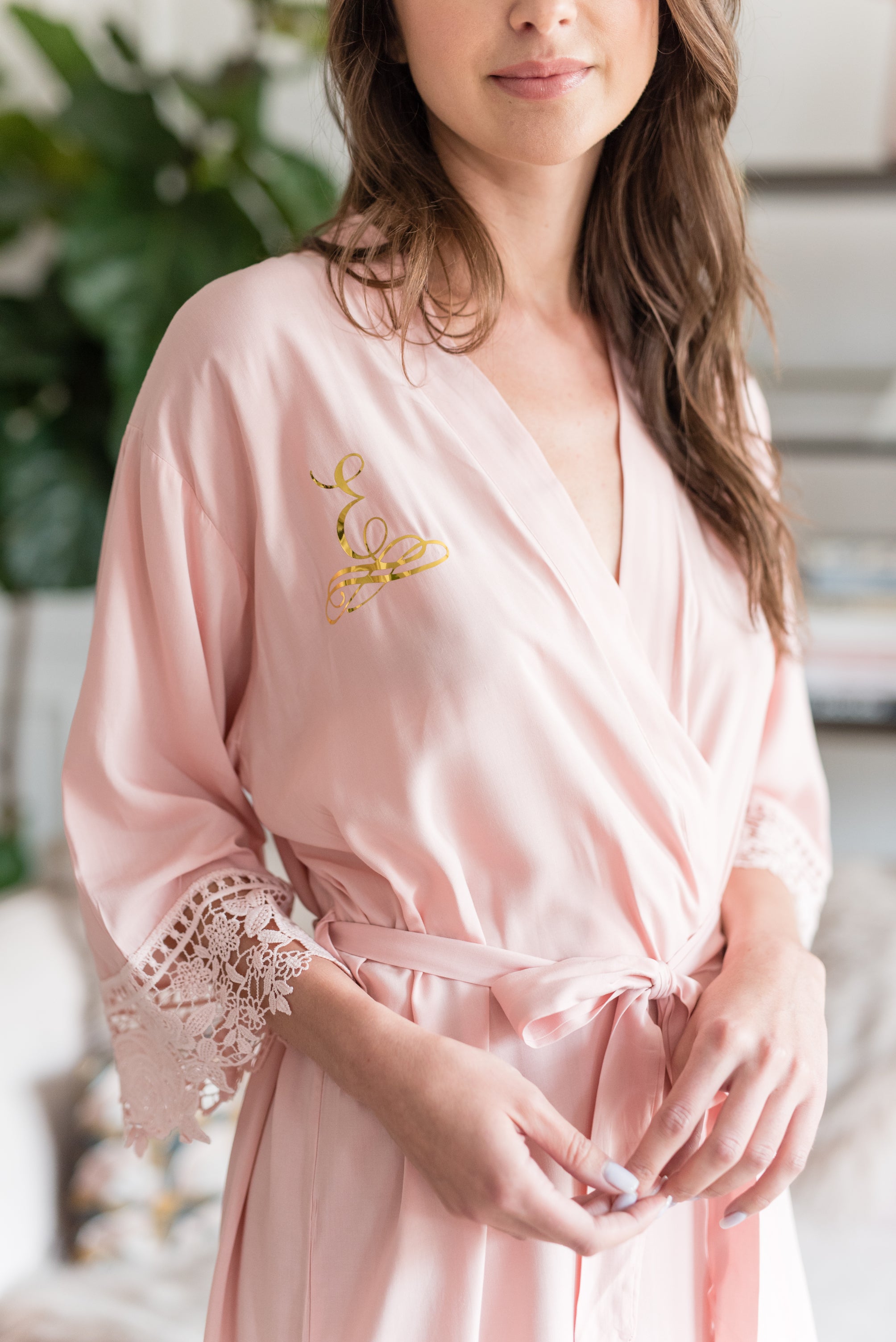 Satin Bridesmaid Robes - Personalized Dusty Rose Satin Bridesmaid robe with monogram on the front of the robe.