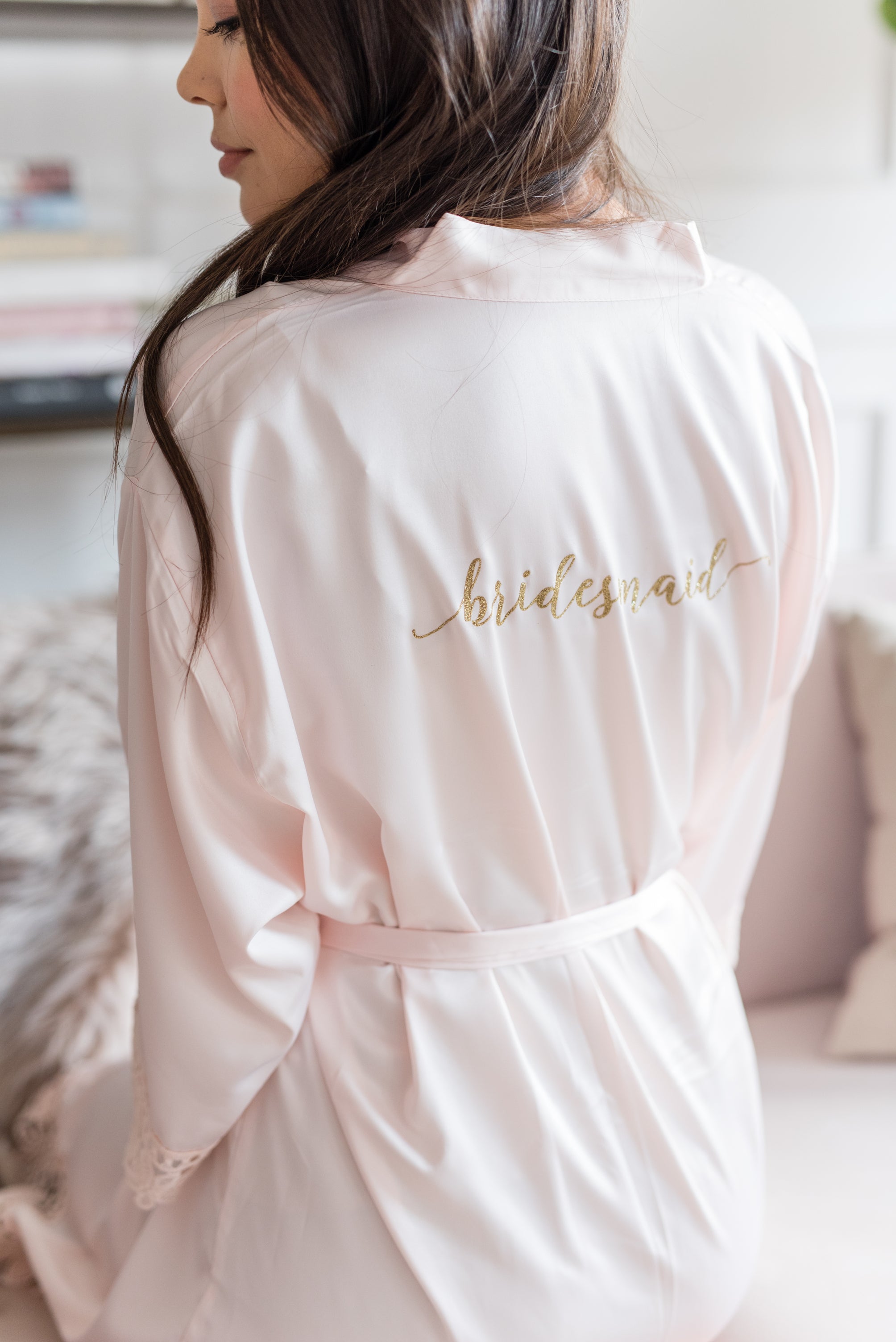 Satin Bridesmaid Robes - Personalized Blush Satin Bridesmaid robe with monogram on the back of the robe.