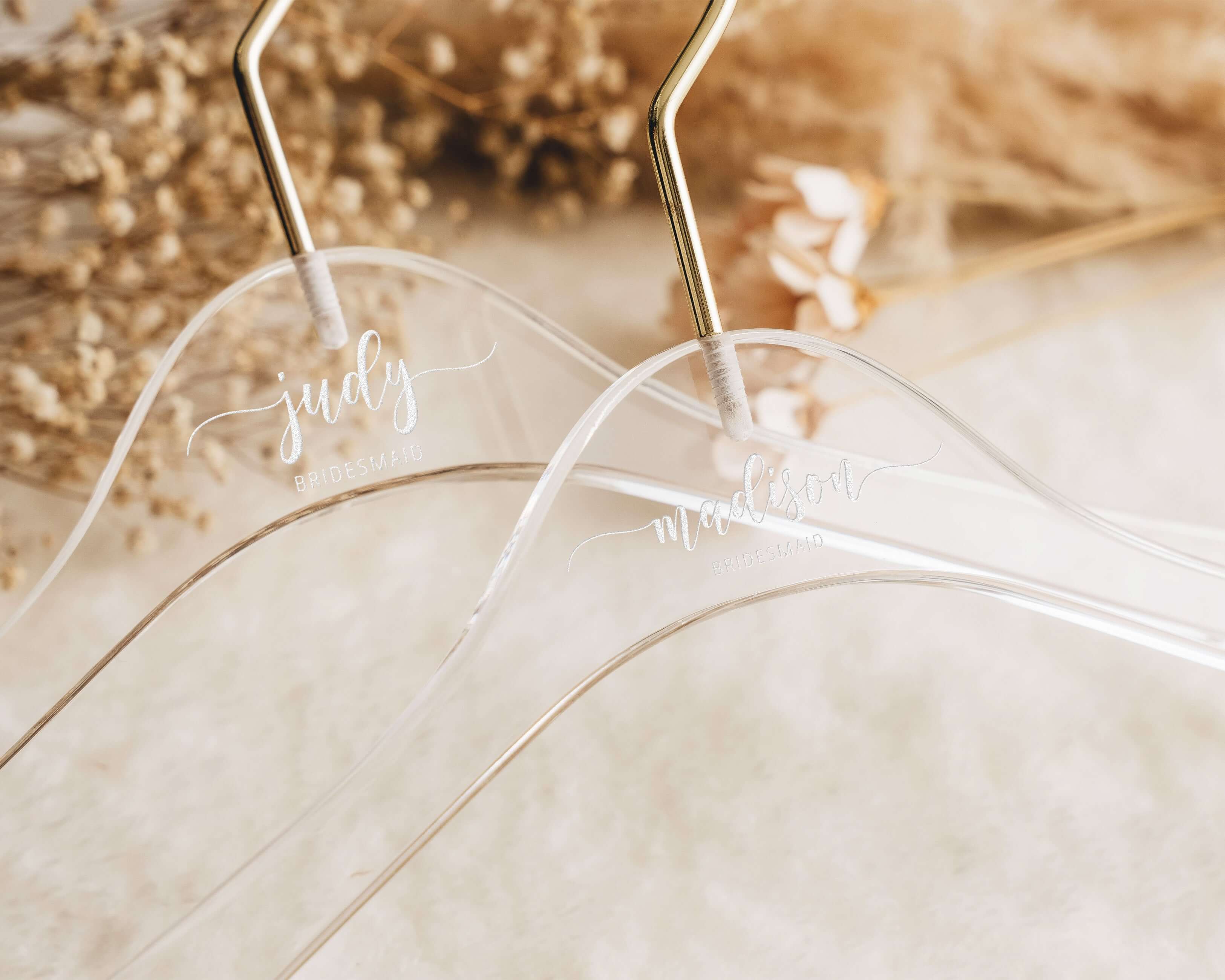 Bridesmaid Hangers -Custom Acrylic Hangers with custom name, date and wedding role.