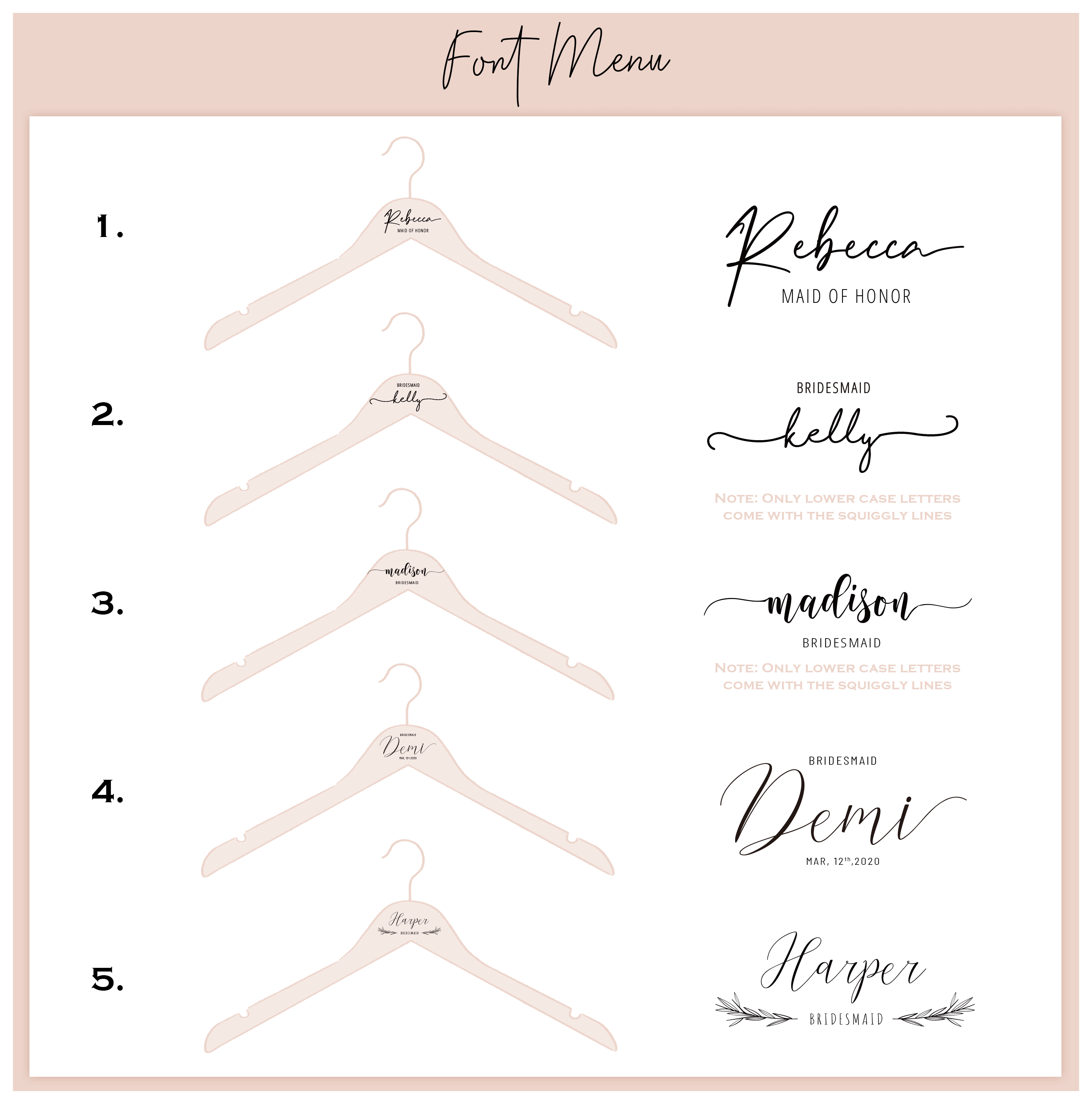 Personalized Bridal Wooden Hanger font menu - 5 types of font 