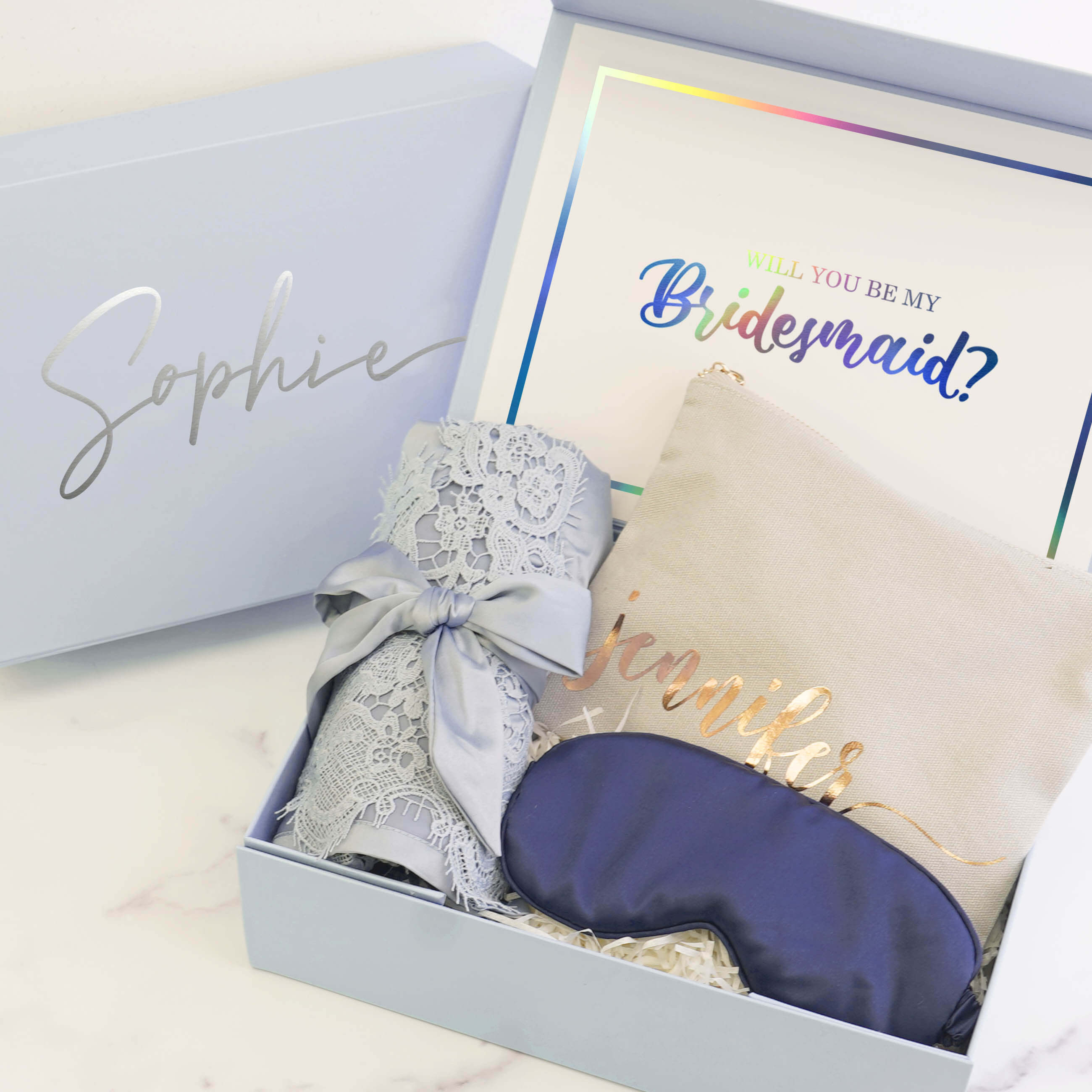 Bridesmaids Gift Box - Dusty Blue Personalized Bridesmaid Proposal Box with customized gifts, included name, message card, robe, makeup bag, sleep mask.