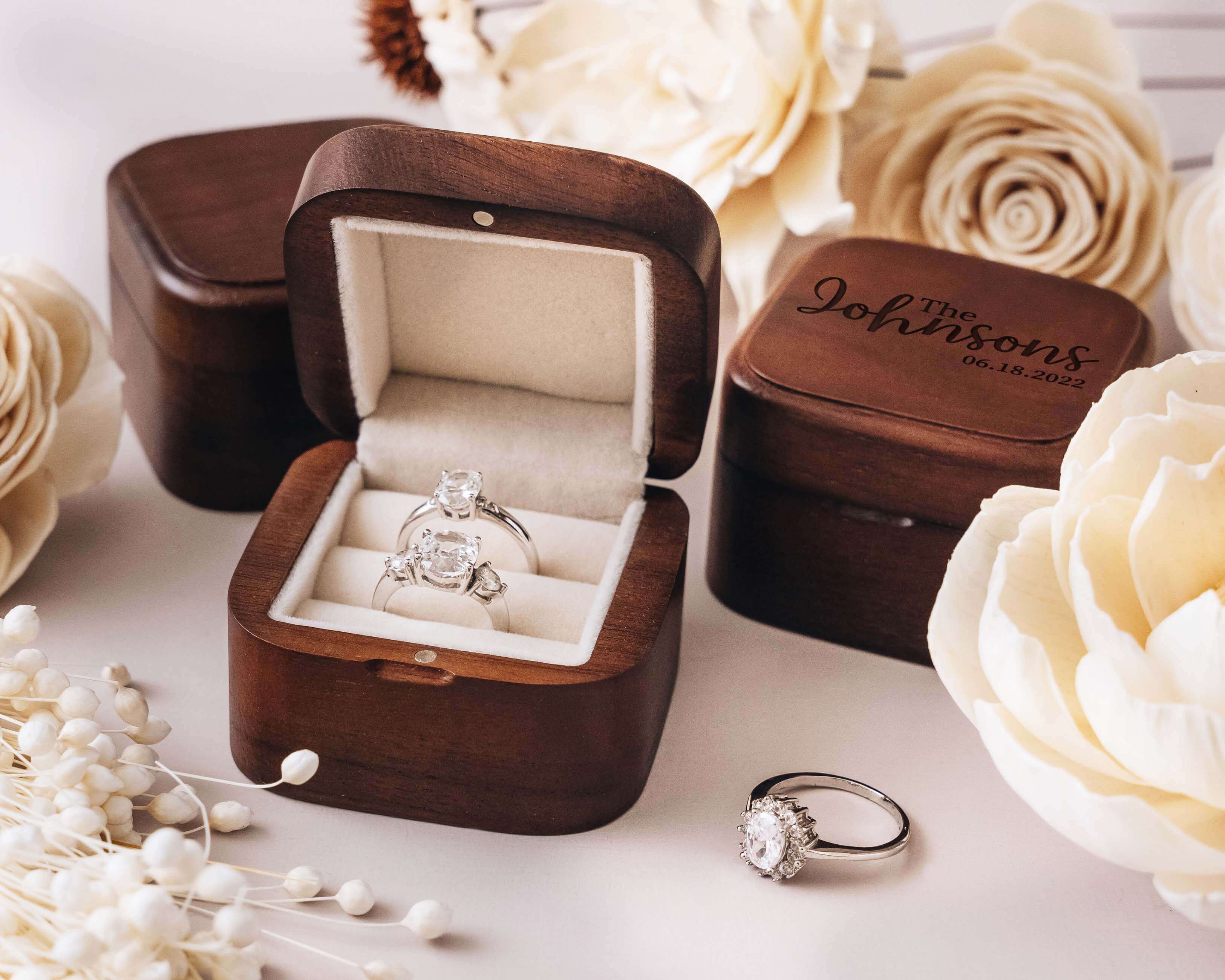Personalized Engraved Wooden Wedding Ring Box with custom text - Hundred Hearts