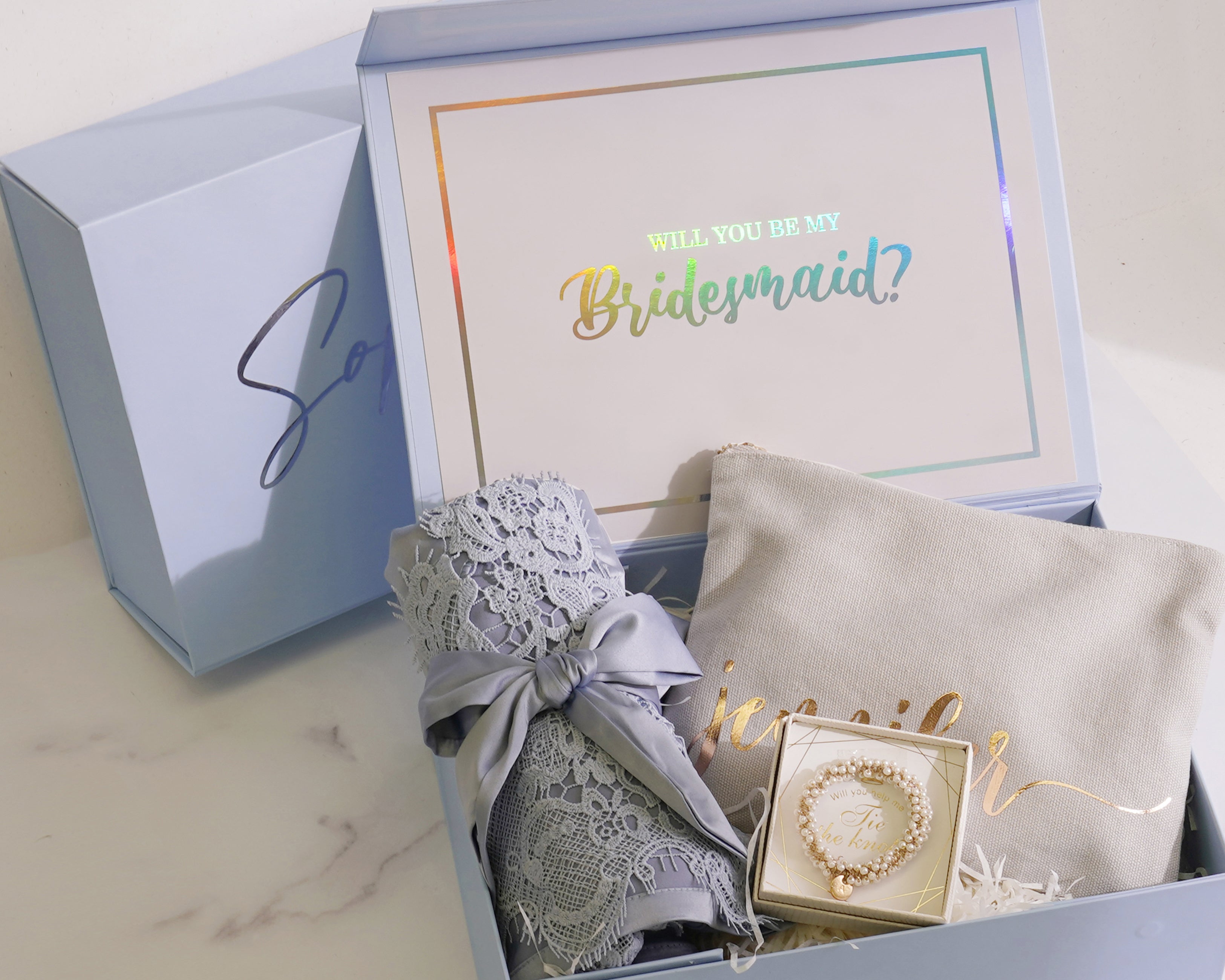 Bridesmaids Gift Box - Dusty Blue Personalized Bridesmaid Proposal Box with customized gifts , included name, message card, robe, makeup bag, hair tie.