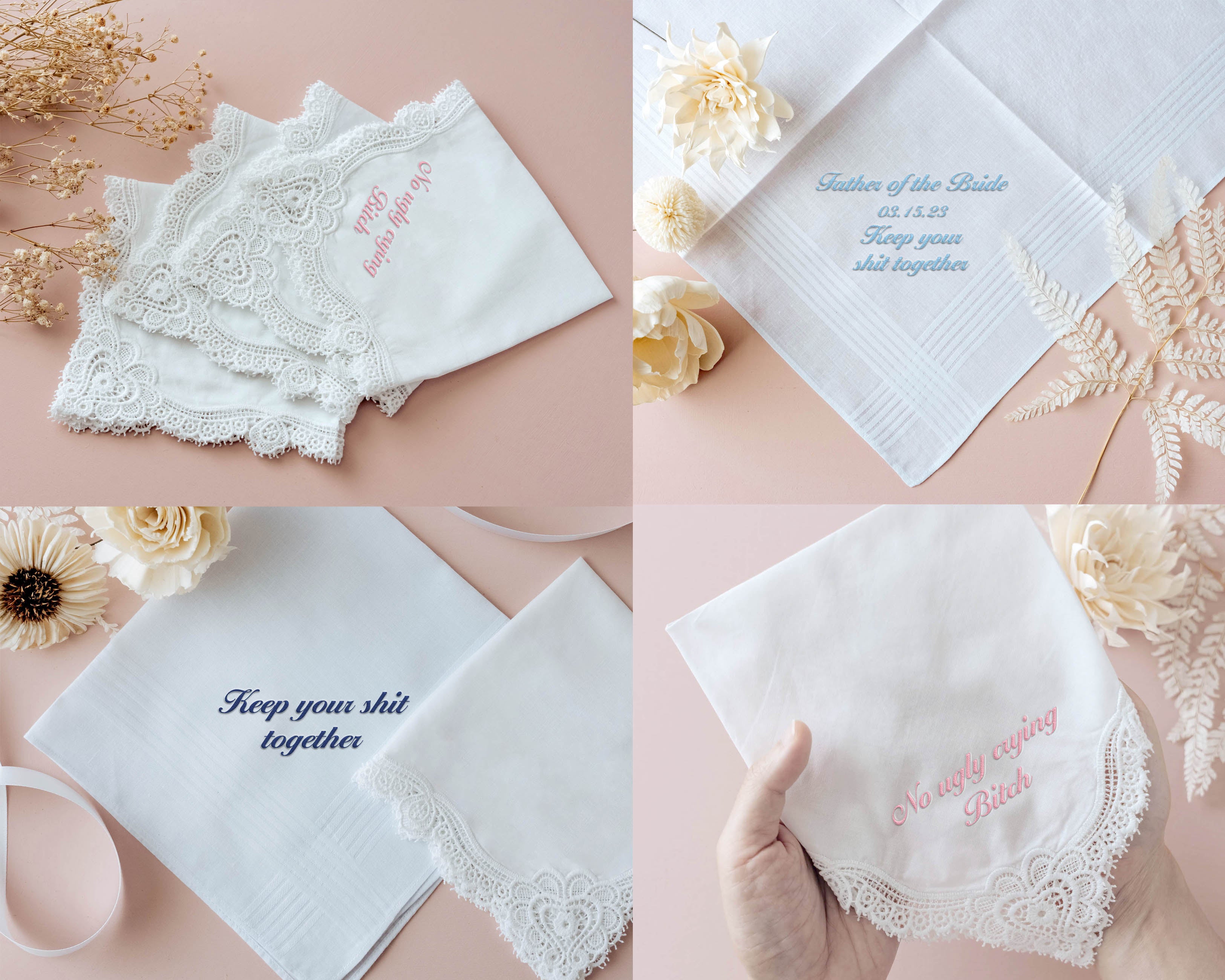 Personalized Wedding Handkerchief with name and wedding date and message. - Hundred Hearts