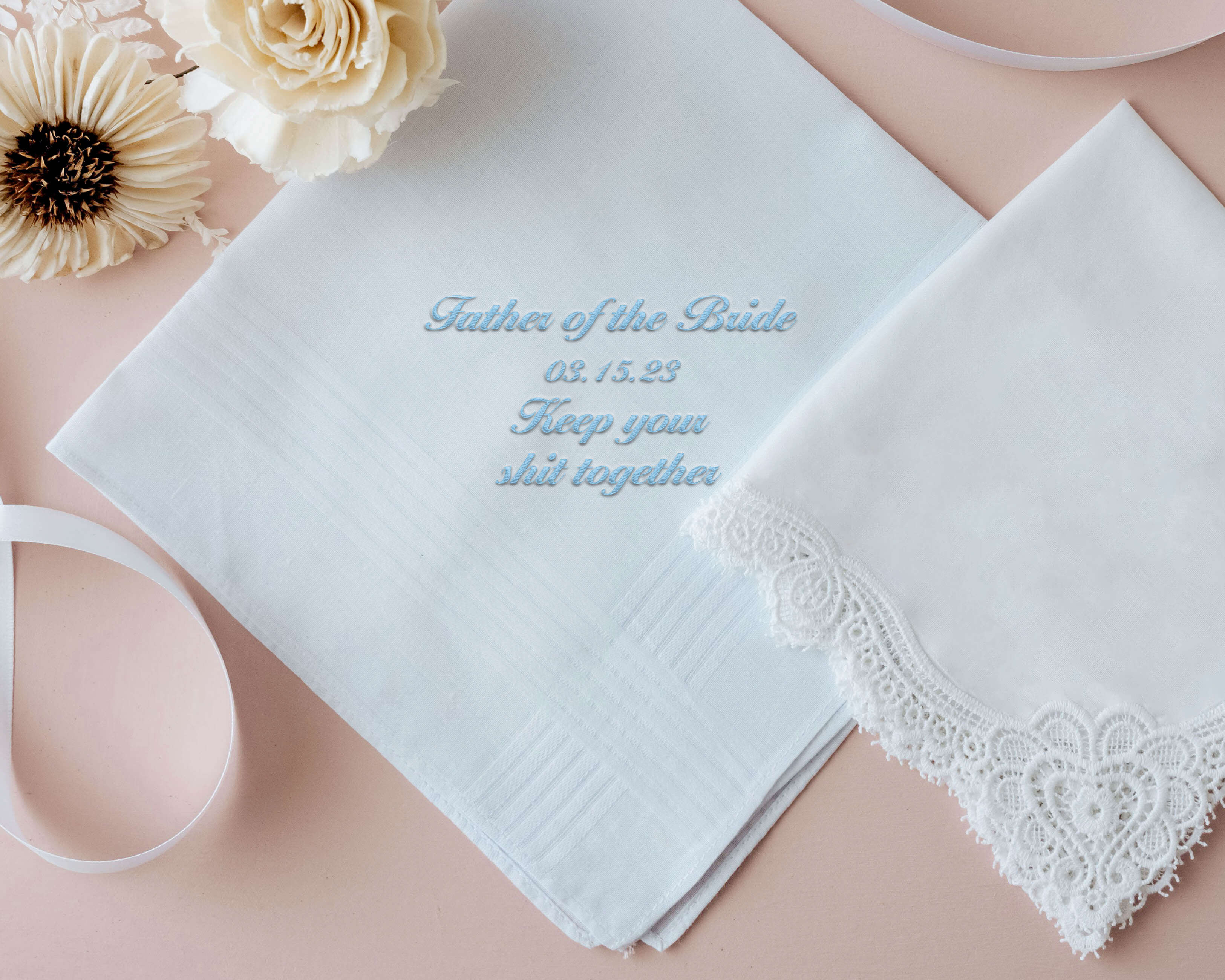 Personalized Wedding Handkerchief with name and wedding date and message. - Hundred Hearts