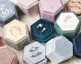 Hexagon Velvet Ring Boxes with monograms and metal engraving - Hundred Hearts