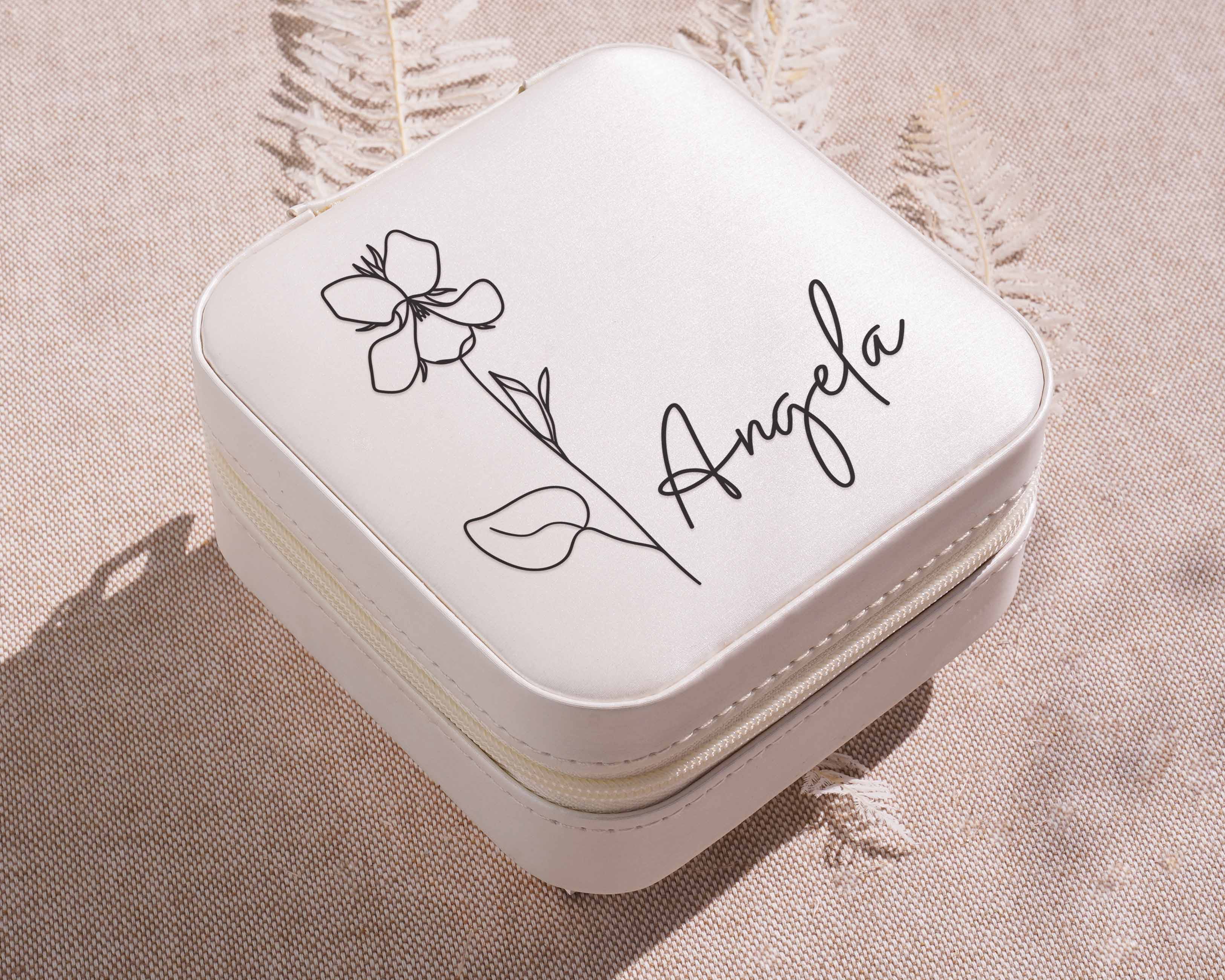 Personalized Jewelry Box - Custom White Bridesmaid Jewelry Box with birth flower and name