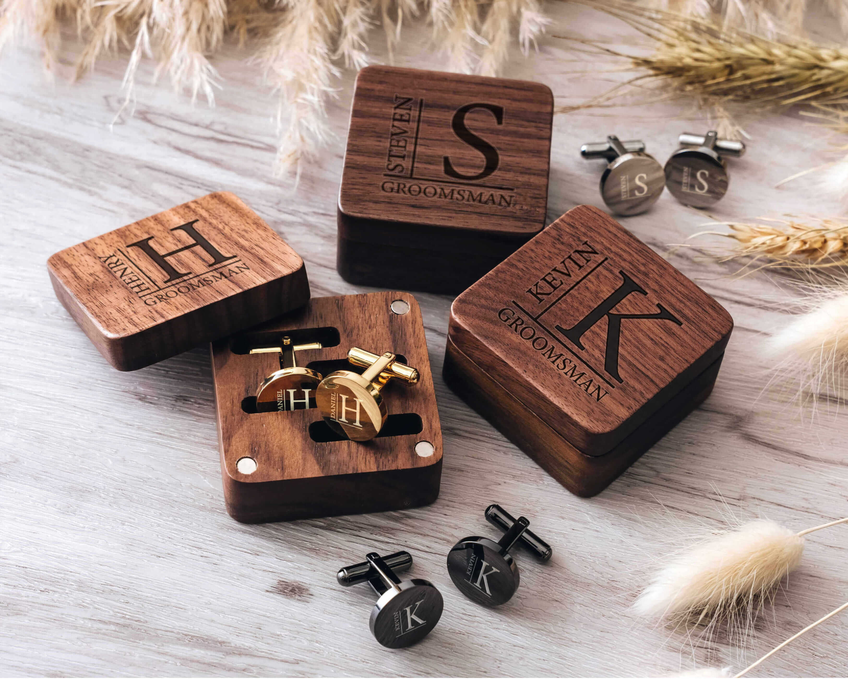 Engraved Cufflinks - 3 Different Type of Engraved Metal Wedding Cufflinks with custom initials, name and text, perfect gift for your groomsmen, father or husband.