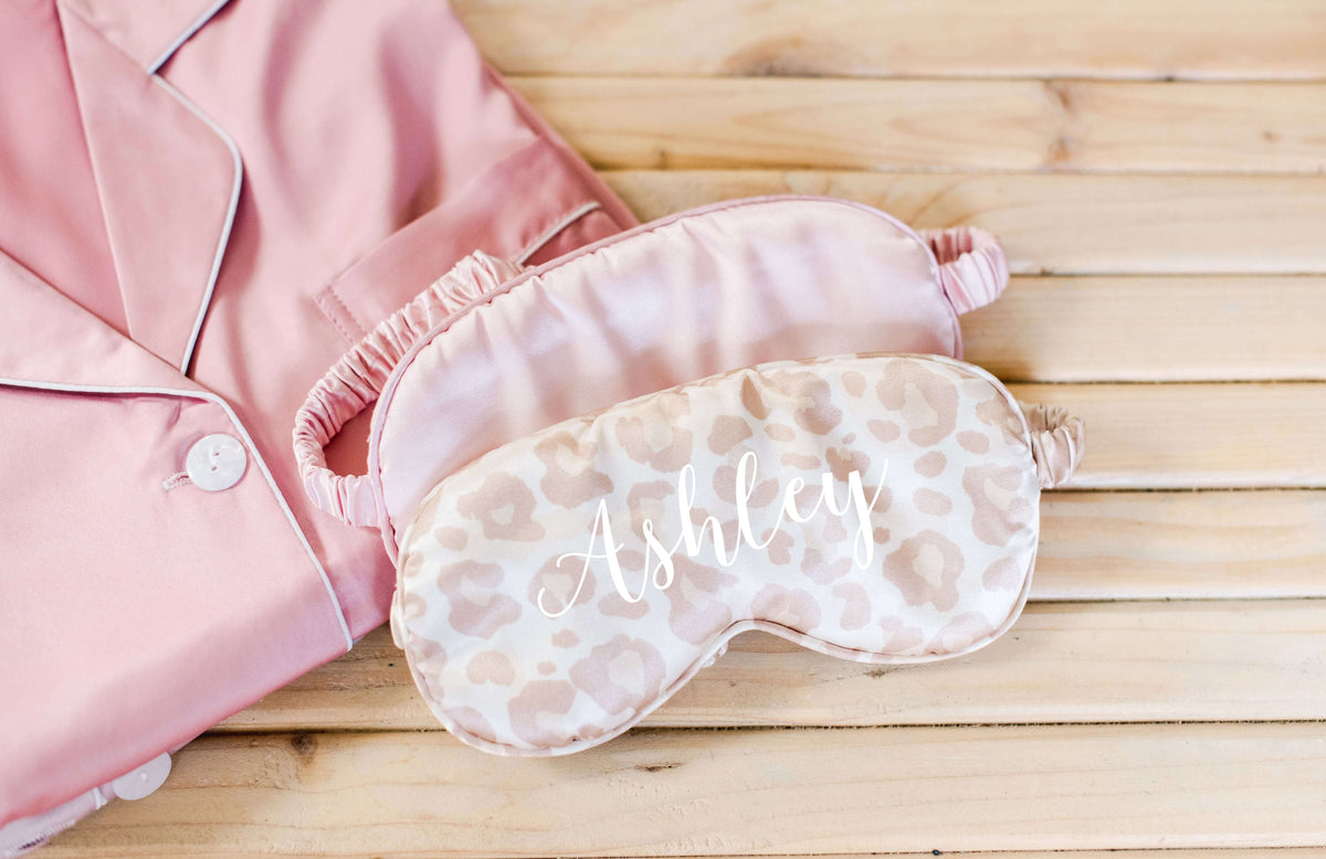 Custom Sleep Mask - Cheetah and Blush Personalized Sleep Eye Masks with custom name in white color