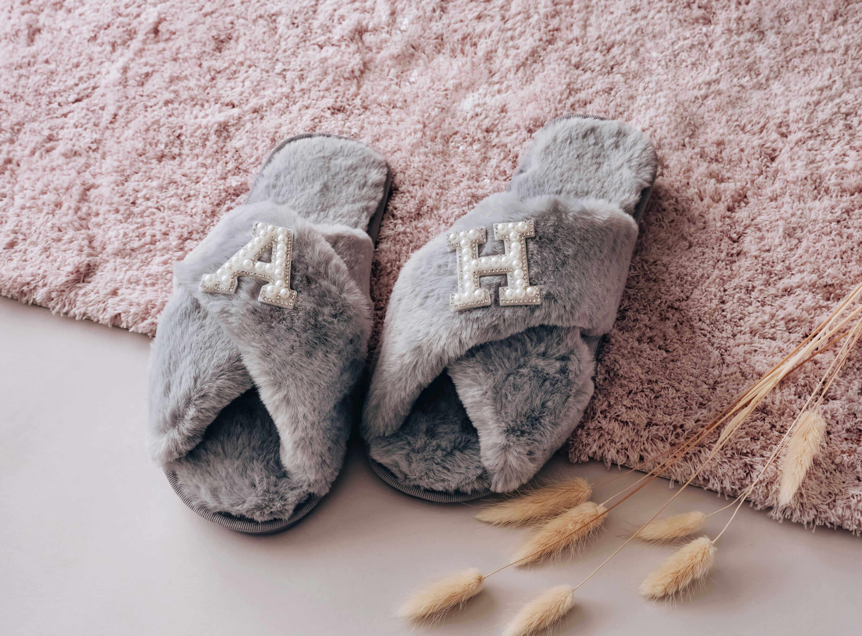 Pearl Bride Slippers - Personalized Grey Slippers with custom pearl rhinestone text design. 