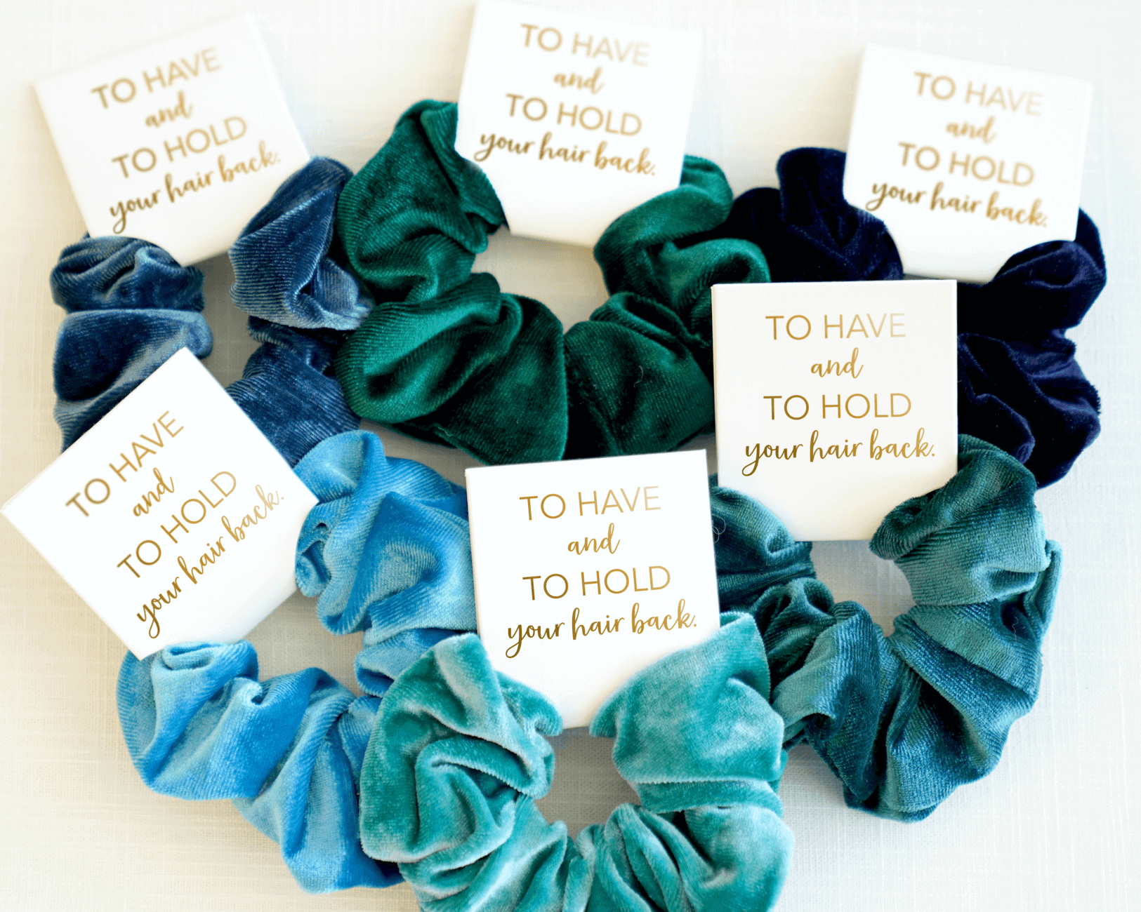 Bridesmaid Scrunchies - Green and Blue Velvet Hair Scrunchies - Hundred Hears