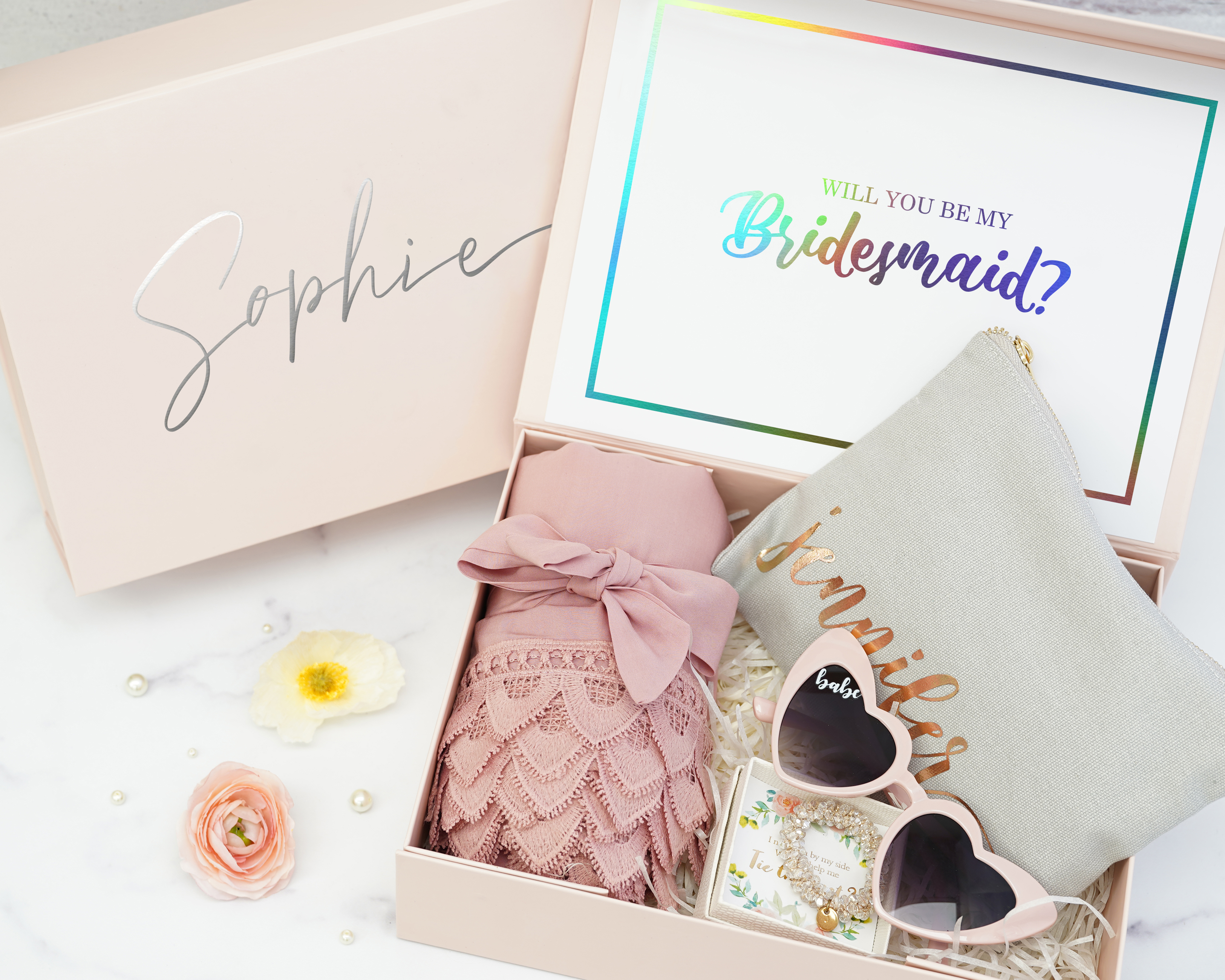 Blush Personalized Bridesmaid Proposal Box with customized gifts , included name, message card, robe, makeup bag, sunglasses.