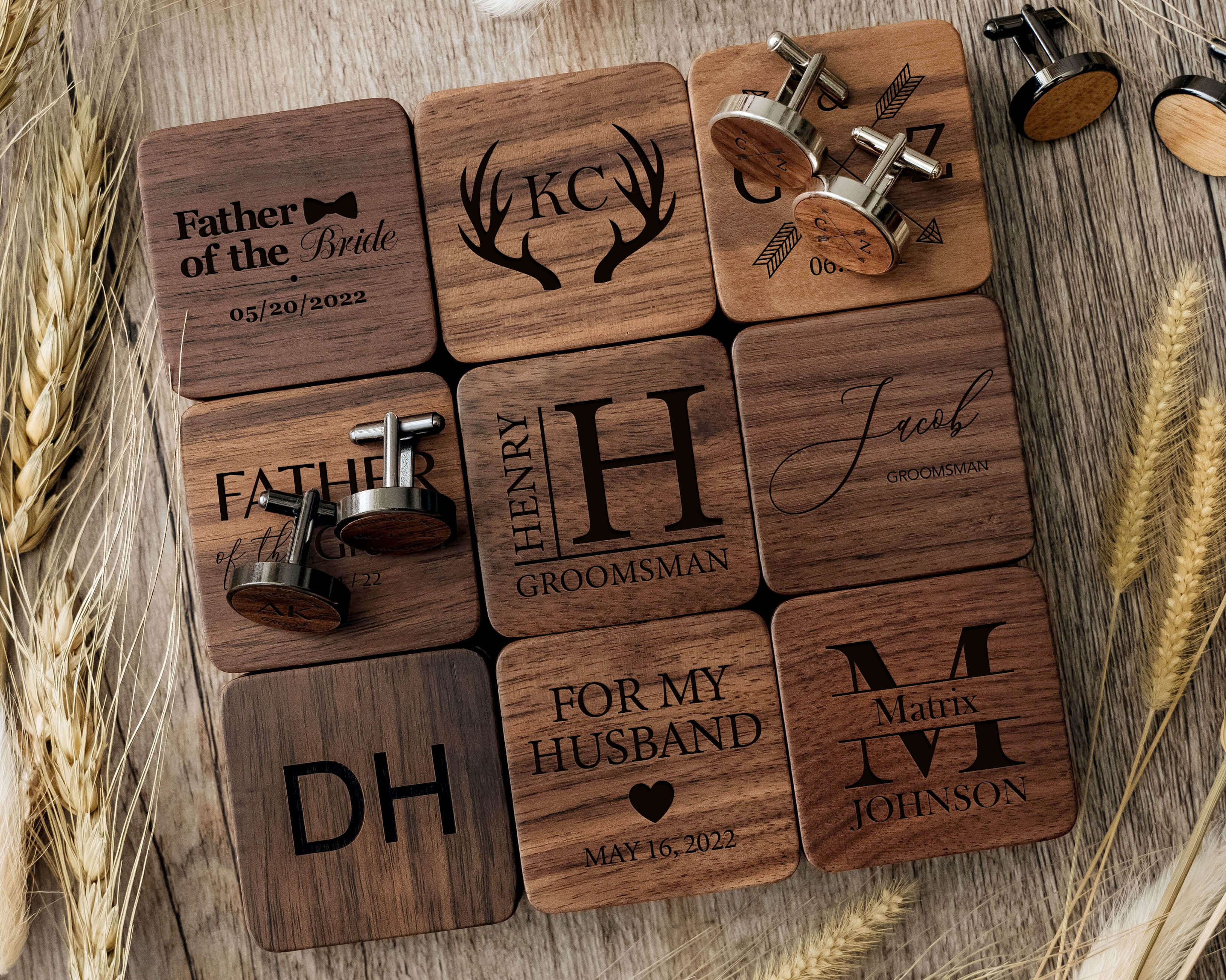 9 designs of Personalized Wooden Cufflinks with initials and name, prefect for Groomsmen Gifts.