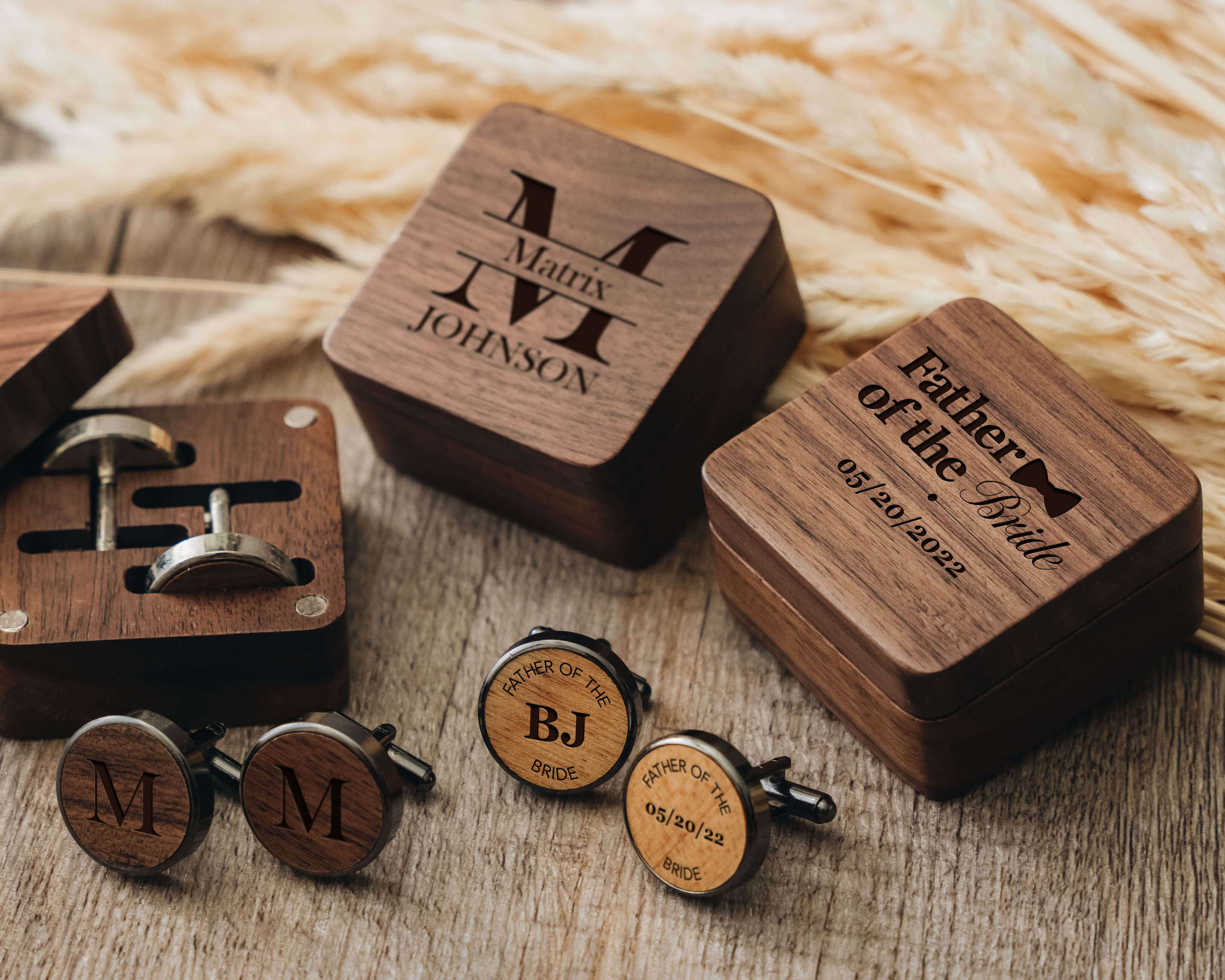 3 design of Personalized Wooden Cufflinks with initials and name, perfect for Groomsmen Gifts.