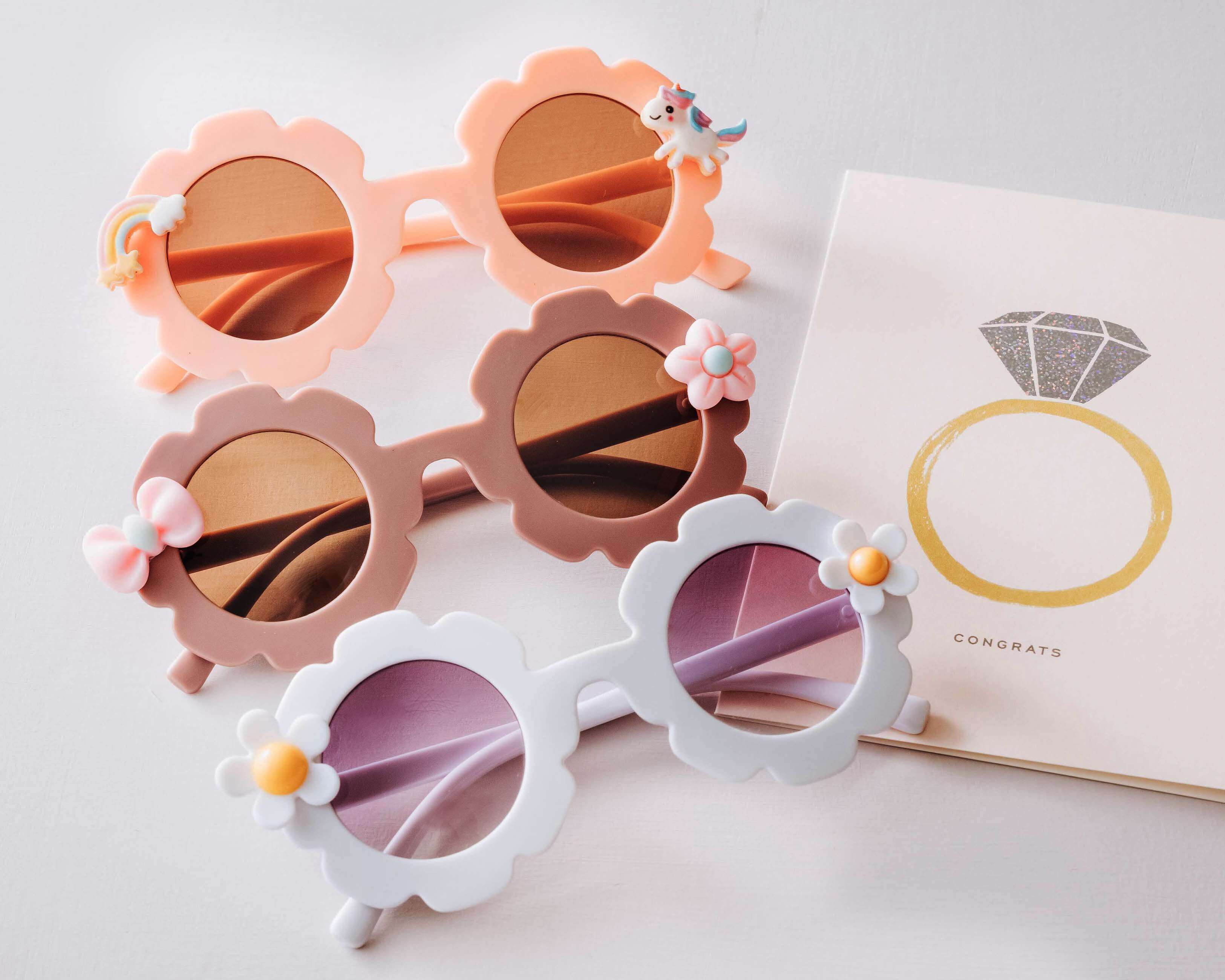 Personalized Flower Girl Sunglasses with Daisy, Rainbow & Unicon and Bow Tie designs.  - Hundred Hearts