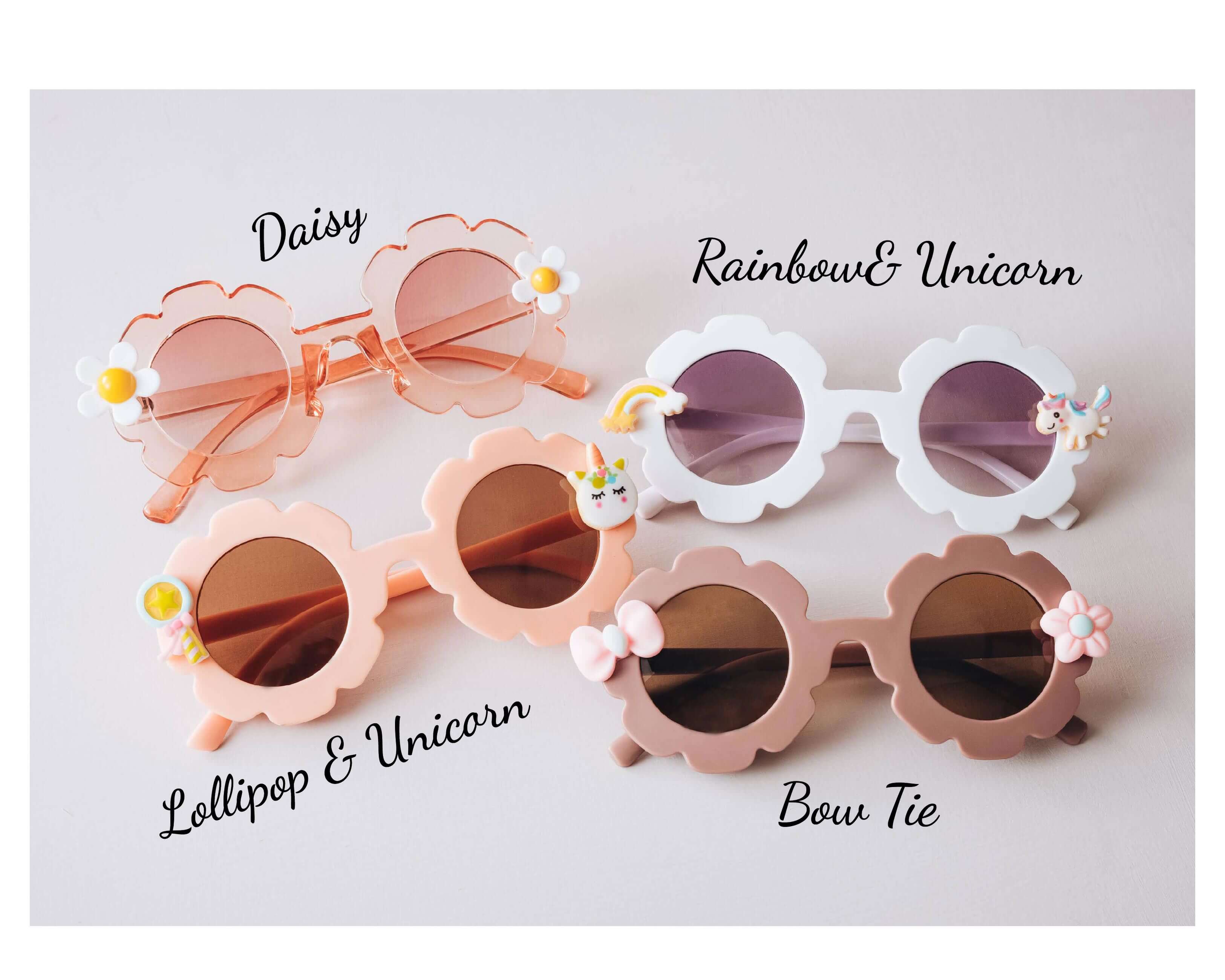 Personalized Flower Girl Sunglasses with Daisy, Rainbow & Unicon, Lollipop & Unicon and Bow Tie designs.  - Hundred Hearts