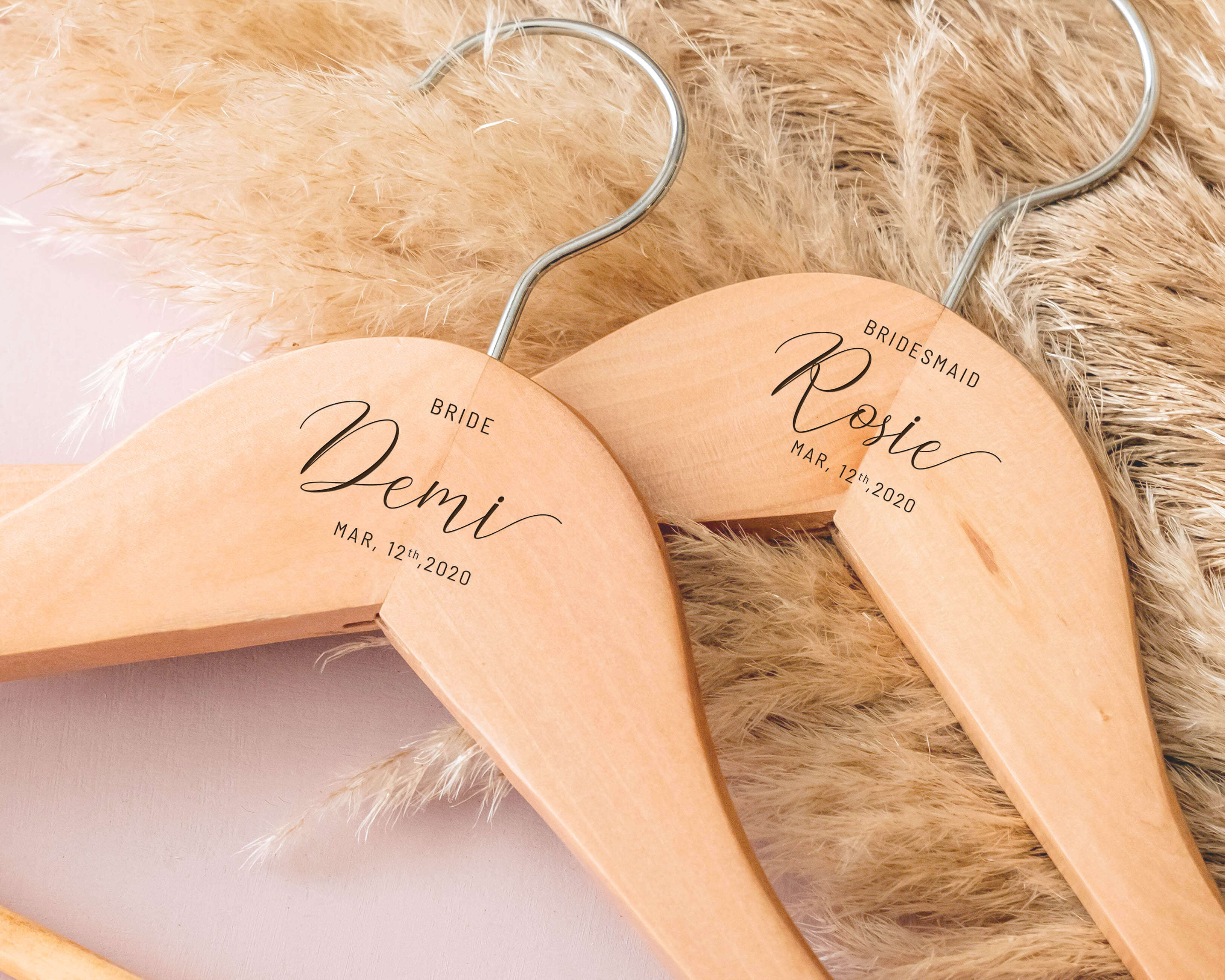 Bride Hanger - Light Wood Personalized Bridal Wooden Hangers, engraved with name and wedding role.