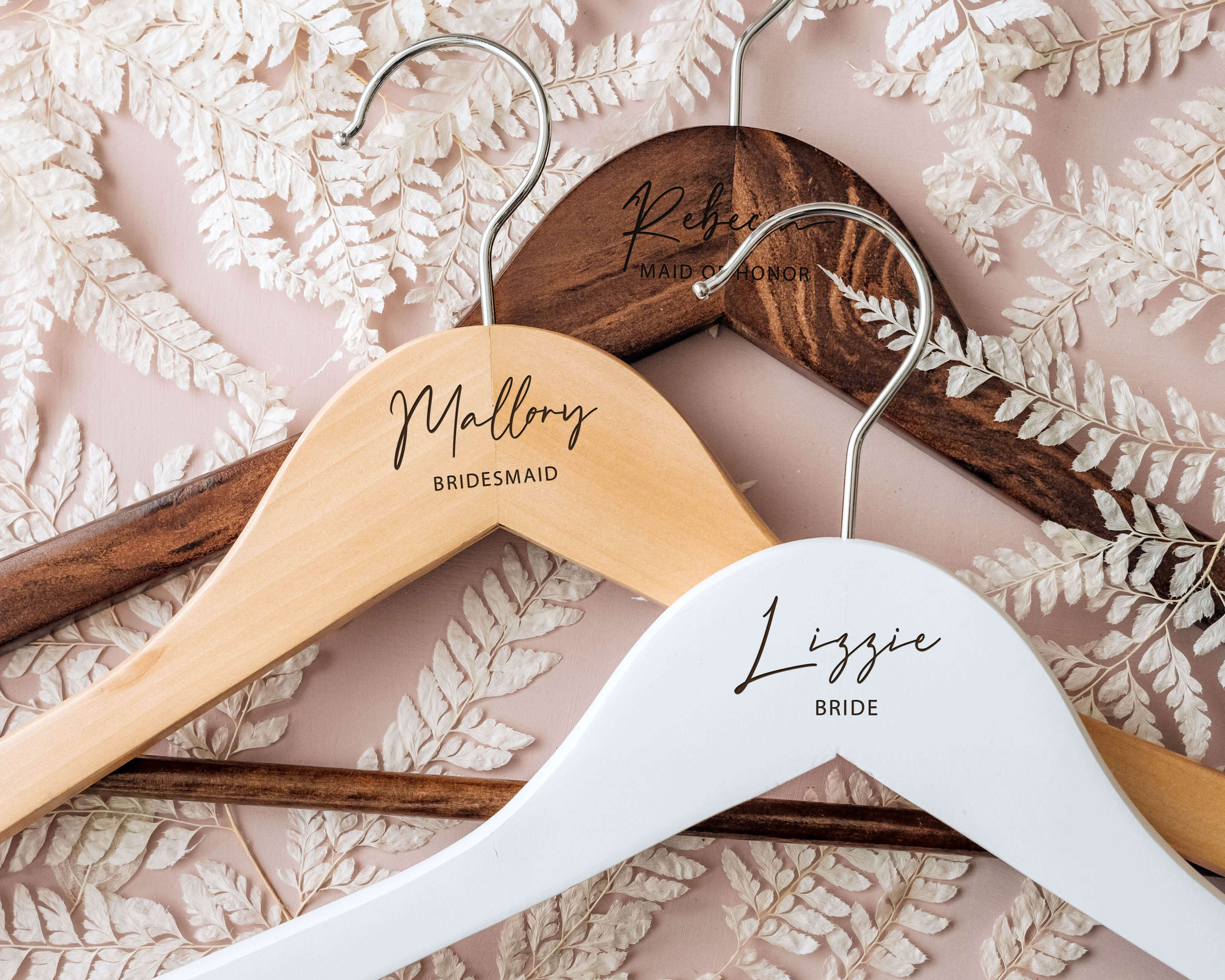 Bride Hanger - Light Wood, Walnut, White Personalized Wooden Hangers, engraved with name and wedding role.