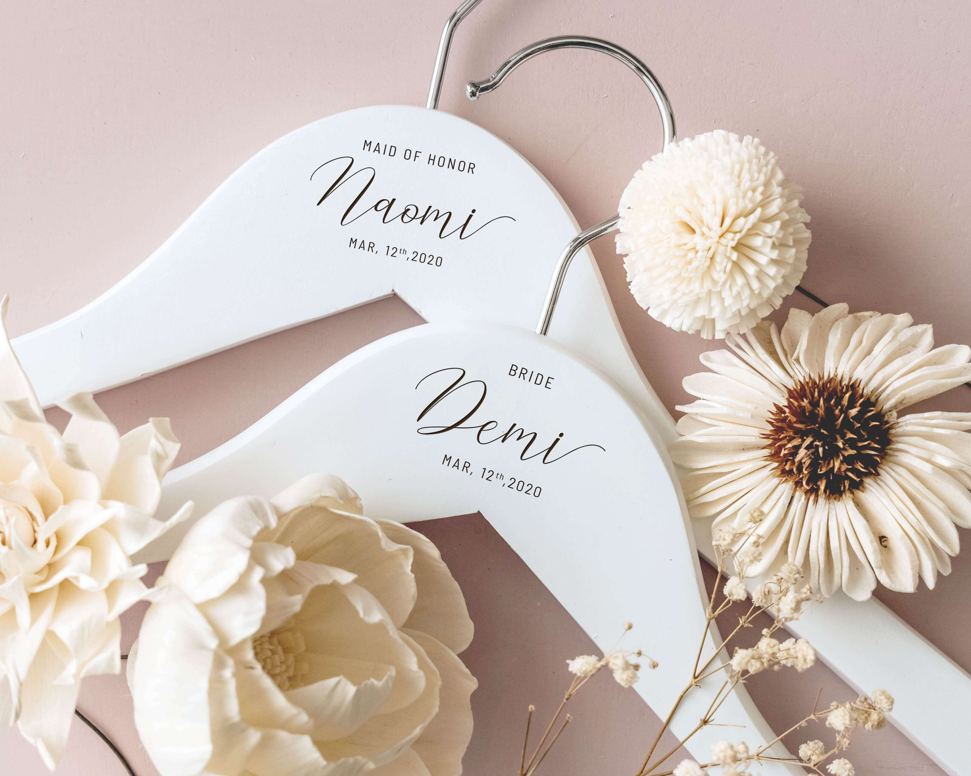 Bride Hanger - White Personalized Bridal Wooden Hangers, engraved with name and wedding role.