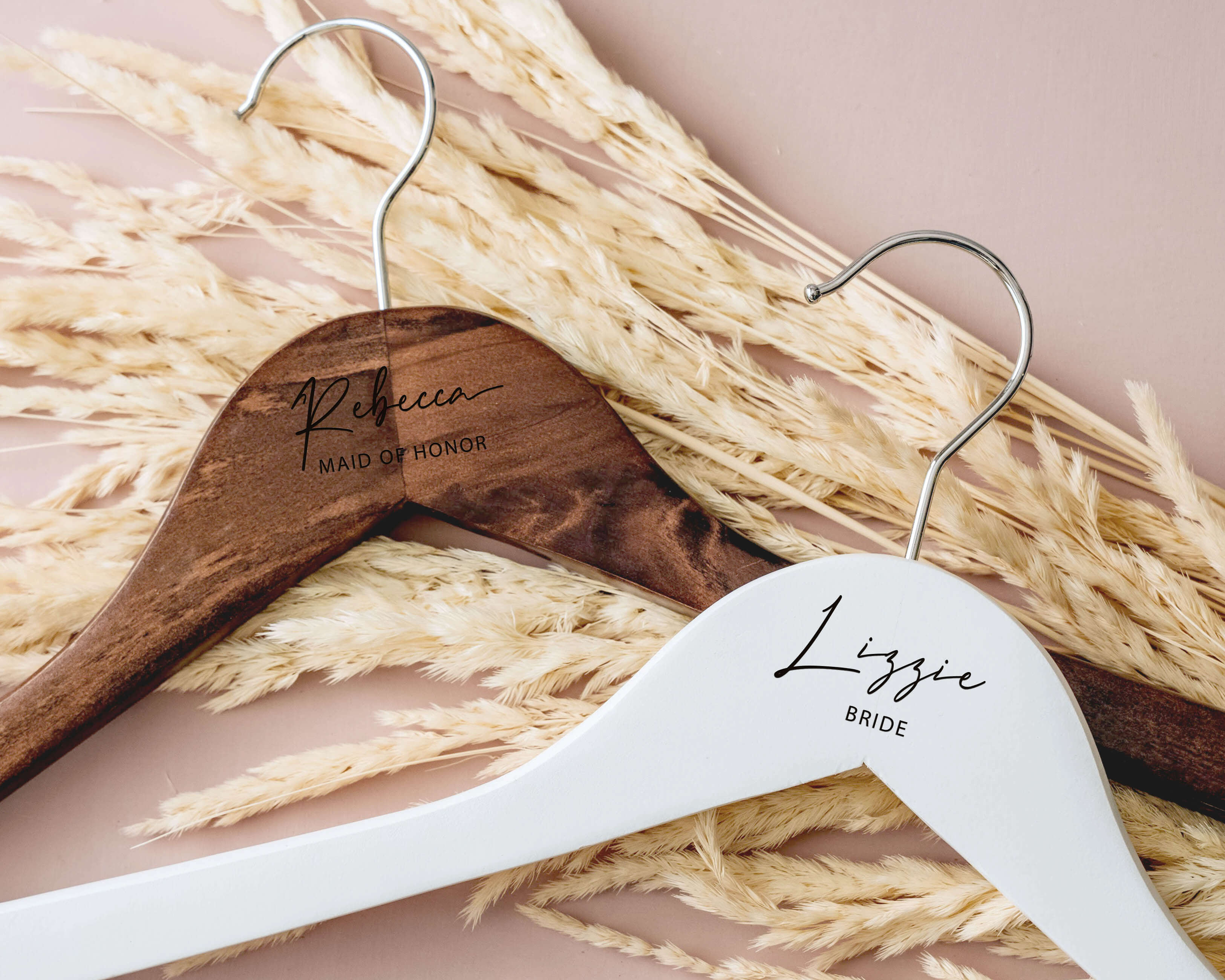 Bride Hanger - Walnut and White Personalized Bridal Wooden Hangers, engraved with name and wedding role.