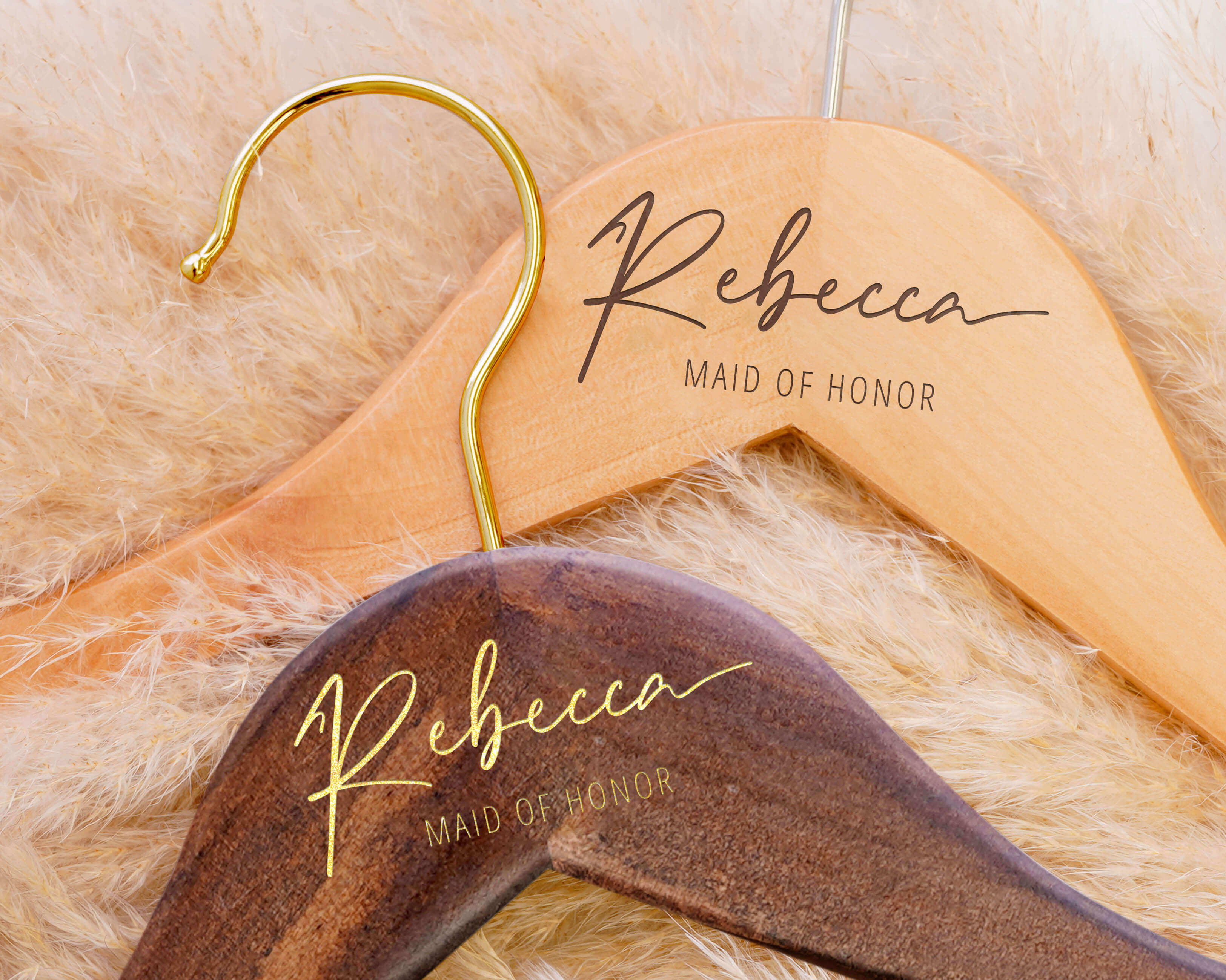 Wedding Dress Hanger - Custom Gold Hook Wedding Dress Hangers with personalized name and wedding role.