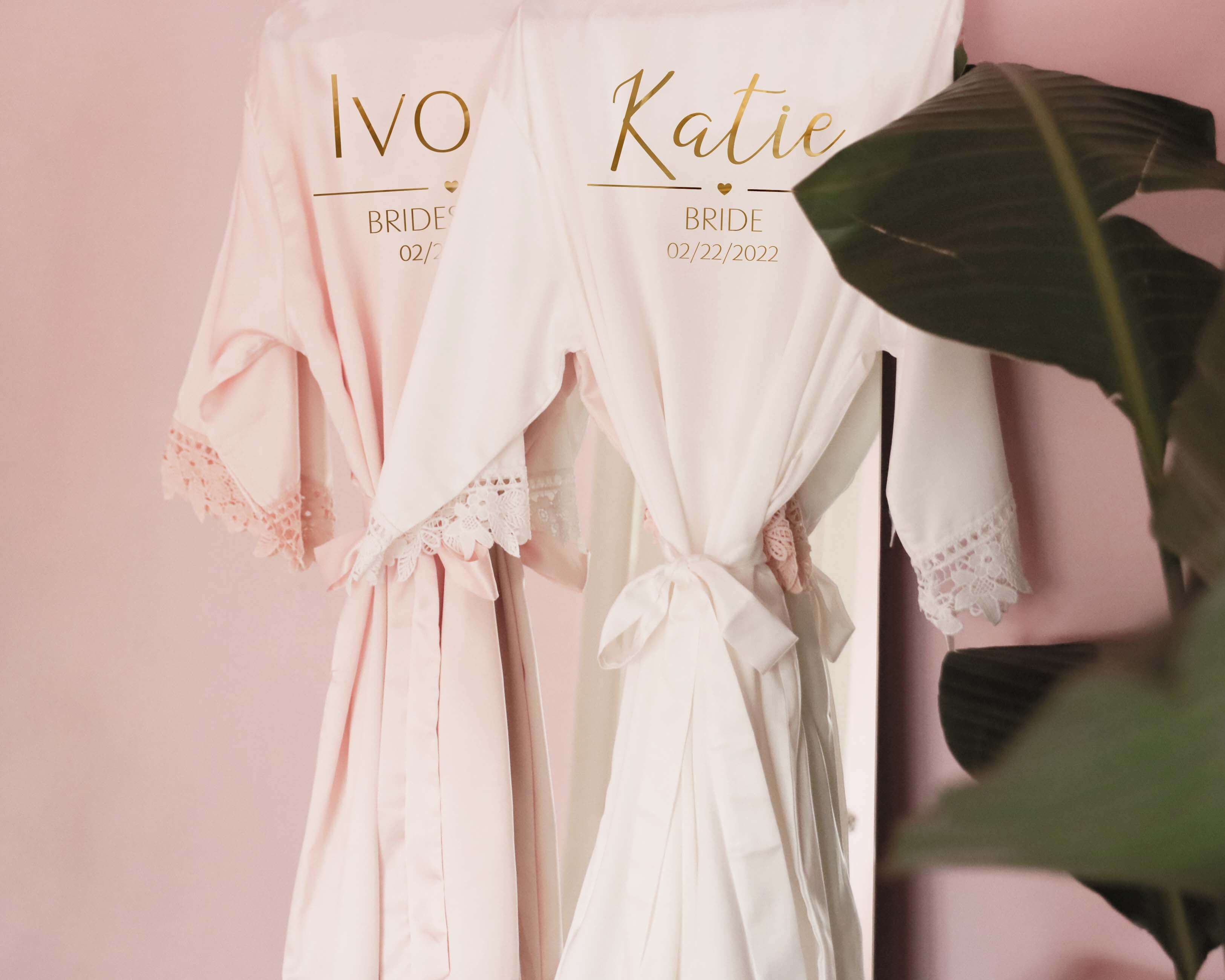 Satin Bridesmaid Robes - Personalized Blush and White Satin Bridesmaid robe with monogram on the back of the robe.